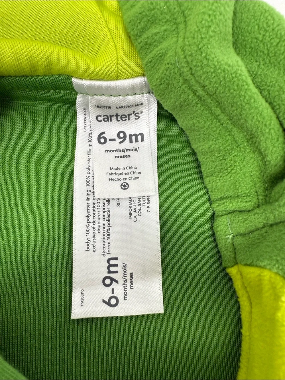 Carters Green Avocado One Piece Halloween Costume 6-9 Months